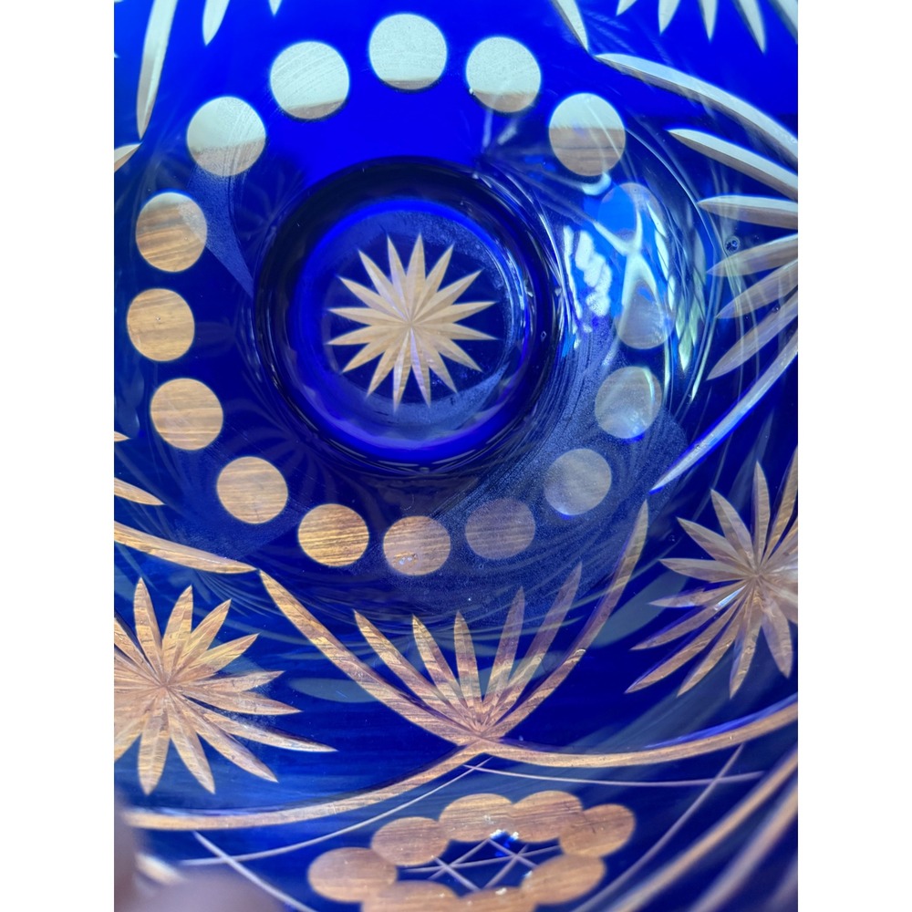 Cobalt Blue Cut to Clear Glass Rose Bowl Vase Star Fan Round Orb Bohemian 6.5" - Picture 6 of 11